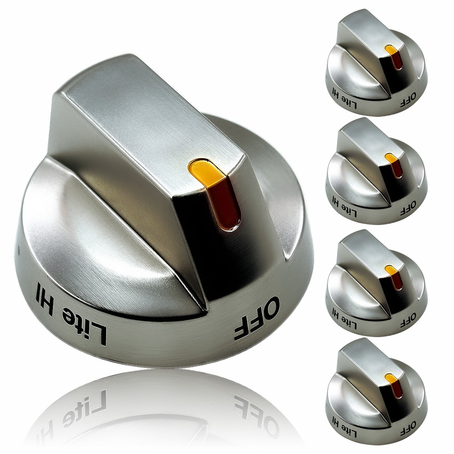 MENSI Replacement for Samsung Top Burner Gas Range Stove Control Switch Handle Replace DG64-00473 Series Silver Brushed Stainless Steel Color Knob, 5 Packs