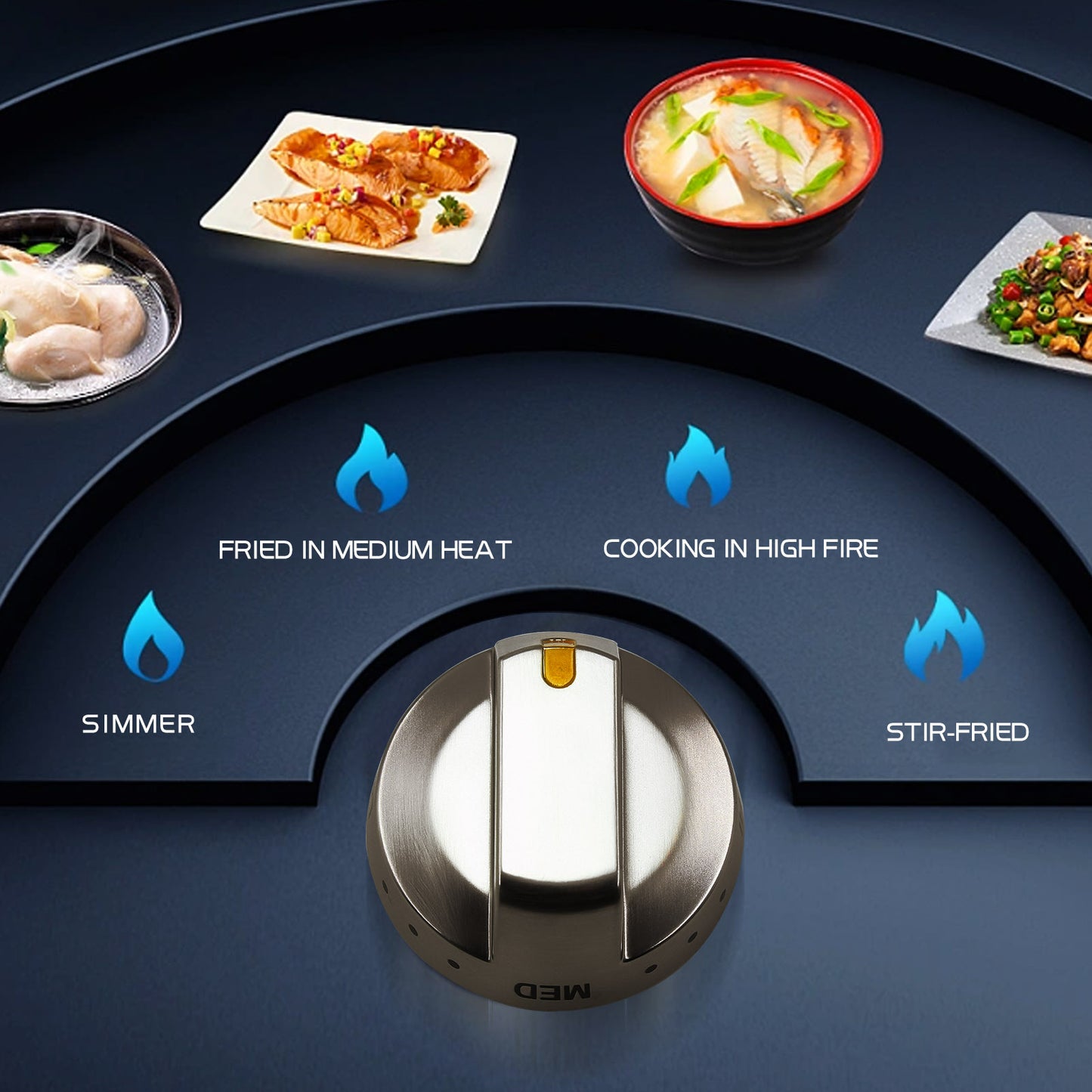 MENSI Replacement for Samsung Top Burner Gas Range Stove Control Switch Handle Replace DG64-00473 Series Silver Brushed Stainless Steel Color Knob, 5 Packs