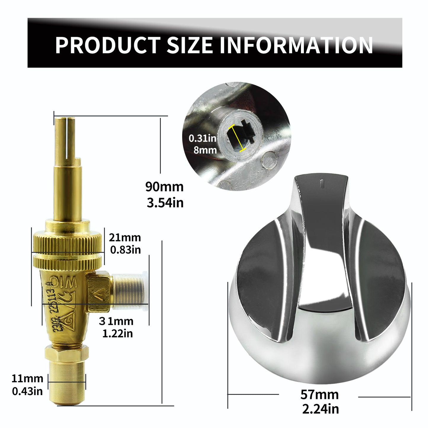 MENSI Propane Natural Brass Hotel Commercial Kitchen Gas Control Valve 0.047" Orfice with Chromed Steel Control Knob Stem Length 1.4"