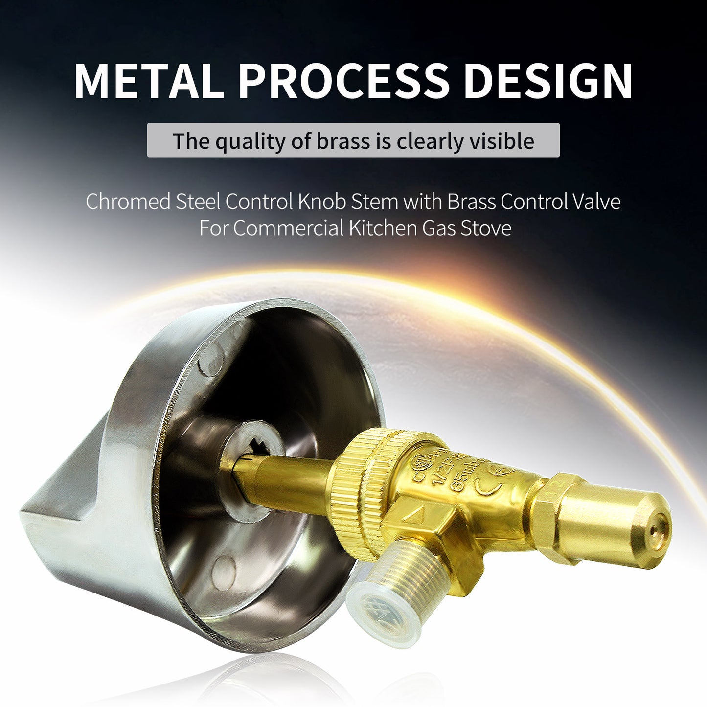 MENSI Propane Natural Brass Hotel Commercial Kitchen Gas Control Valve 0.047" Orfice with Chromed Steel Control Knob Stem Length 1.4"