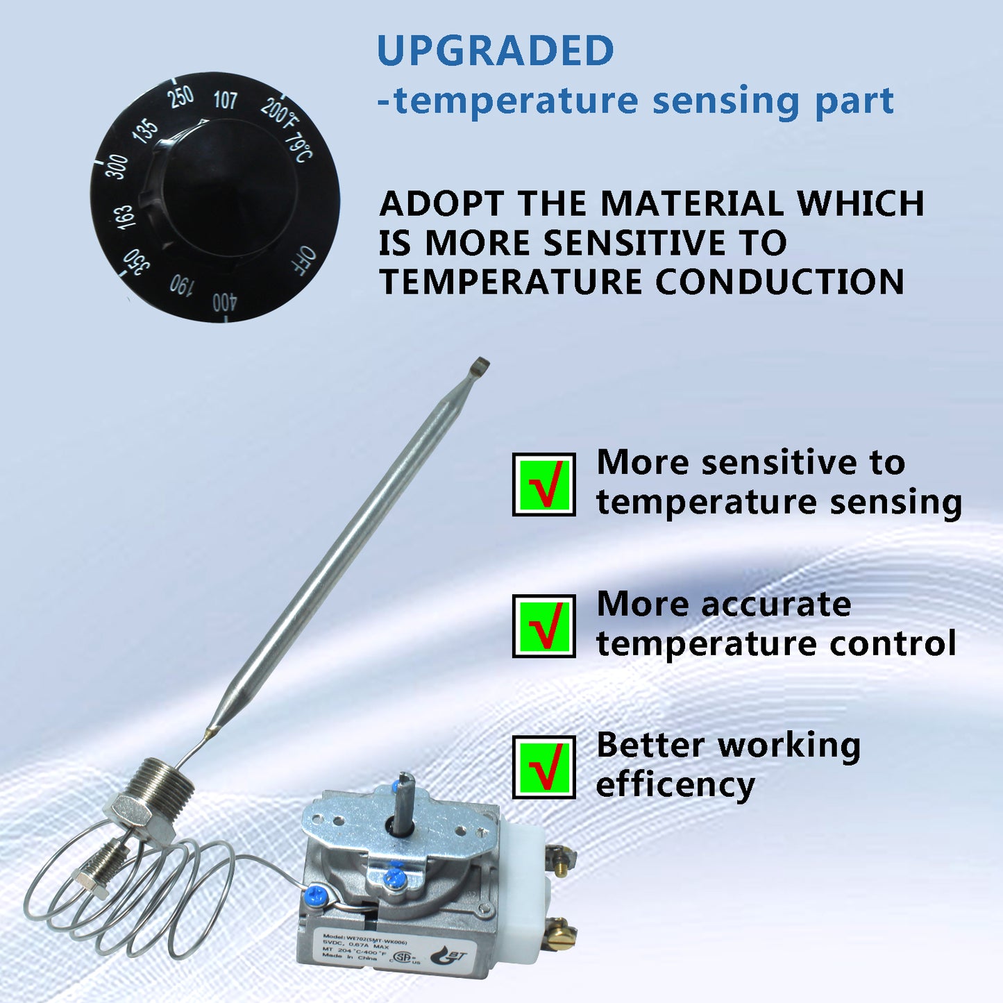 MENSI Minivolt Thermostat Control Replacement Of Robertshaw Model RX-2-24 Fits For ADCRAFT Parts Fits Gas Fryer with 0.315" Bulb x 3/8" NPT Nut and Knob Switch