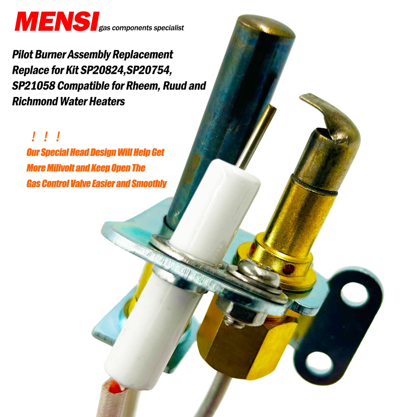 MENSI Pilot Burner Assembly Replacement Replace for Kit SP20824,SP20754,SP21058,SP21059,SP20800 Compatible for Rheem, Ruud and Richmond Water Heaters, NG with LP Orifice