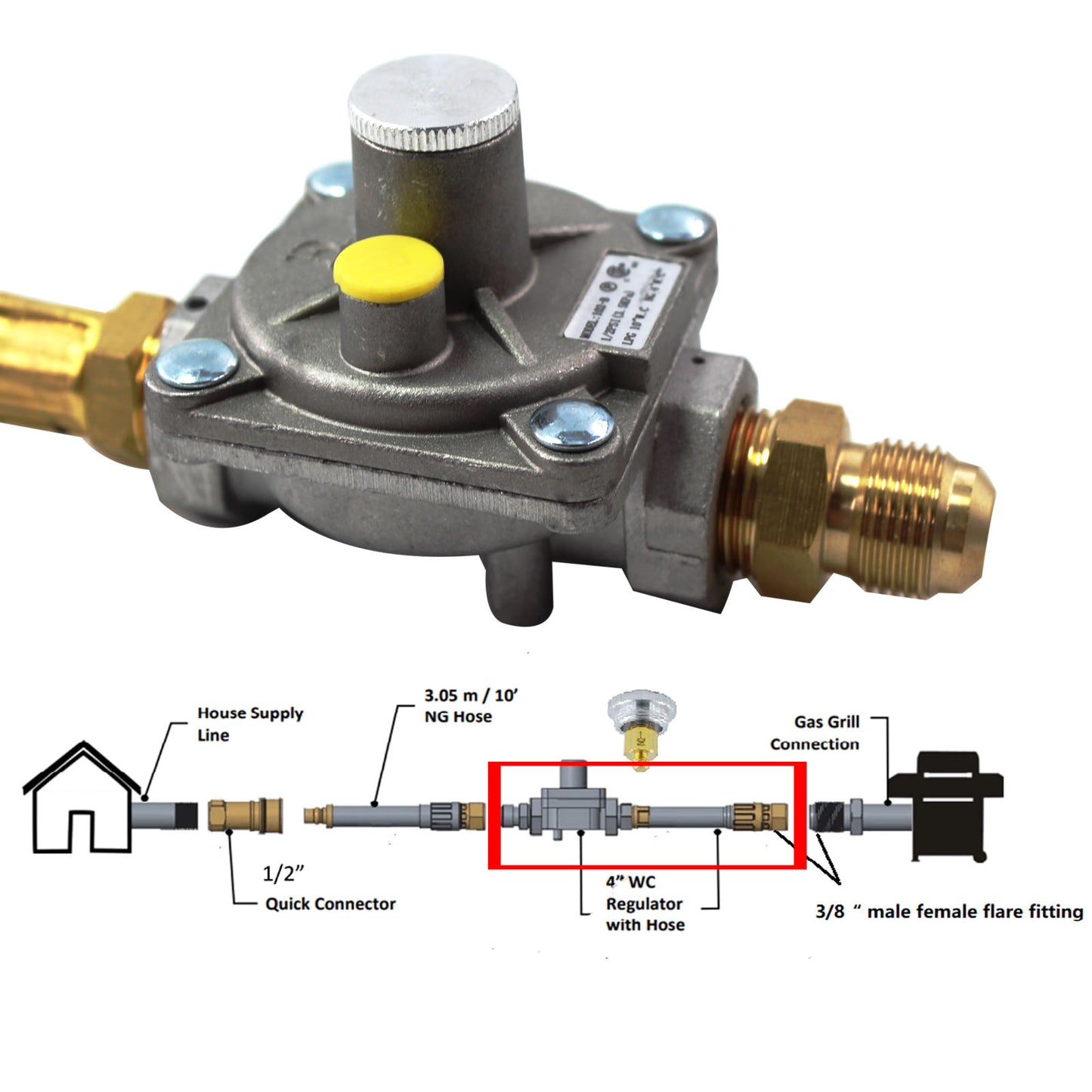 MENSI Replacement of 3030 CNG 4.0" & LP 10" for Kitchen-Aid 710-0003 Gas Grill Natural Gas Conversion Kit Regulator with Hose 1/2" Male Flare Fitting