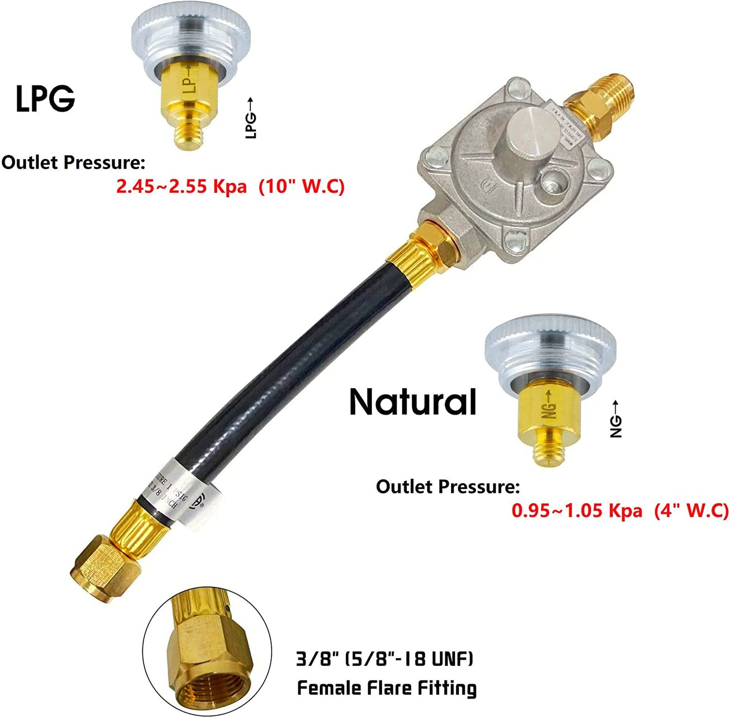 MENSI Replacement of 3030 CNG 4.0" & LP 10" for Kitchen-Aid 710-0003 Gas Grill Natural Gas Conversion Kit Regulator with Hose 1/2" Male Flare Fitting